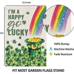 Happy St Patricks Day Garden Flag 12x18 Double Sided,Green Hat with Gold Coin Shamrock Rainbow Small Yard Flag,Spring Saint Patrick Decors for Outside Outdoor Holiday