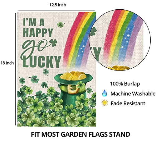 Happy St Patricks Day Garden Flag 12x18 Double Sided,Green Hat with Gold Coin Shamrock Rainbow Small Yard Flag,Spring Saint Patrick Decors for Outside Outdoor Holiday