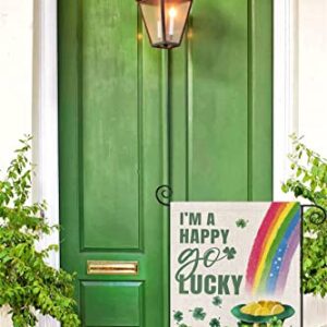 Happy St Patricks Day Garden Flag 12x18 Double Sided,Green Hat with Gold Coin Shamrock Rainbow Small Yard Flag,Spring Saint Patrick Decors for Outside Outdoor Holiday