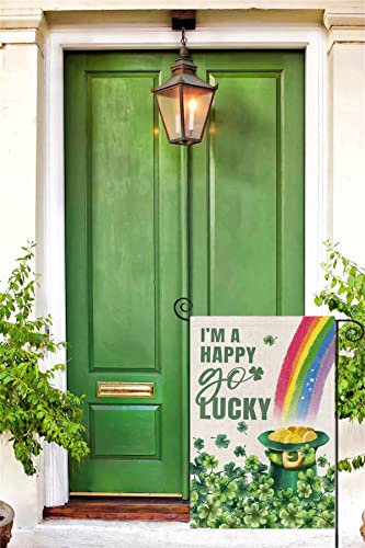 Happy St Patricks Day Garden Flag 12x18 Double Sided,Green Hat with Gold Coin Shamrock Rainbow Small Yard Flag,Spring Saint Patrick Decors for Outside Outdoor Holiday