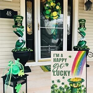 Happy St Patricks Day Garden Flag 12x18 Double Sided,Green Hat with Gold Coin Shamrock Rainbow Small Yard Flag,Spring Saint Patrick Decors for Outside Outdoor Holiday