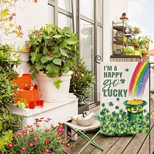 Happy St Patricks Day Garden Flag 12x18 Double Sided,Green Hat with Gold Coin Shamrock Rainbow Small Yard Flag,Spring Saint Patrick Decors for Outside Outdoor Holiday