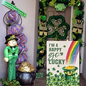 Happy St Patricks Day Garden Flag 12x18 Double Sided,Green Hat with Gold Coin Shamrock Rainbow Small Yard Flag,Spring Saint Patrick Decors for Outside Outdoor Holiday