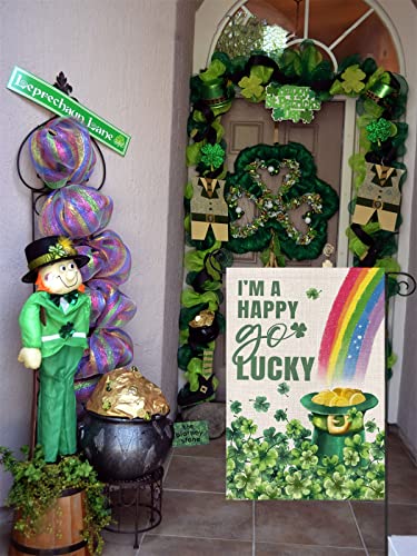 Happy St Patricks Day Garden Flag 12x18 Double Sided,Green Hat with Gold Coin Shamrock Rainbow Small Yard Flag,Spring Saint Patrick Decors for Outside Outdoor Holiday