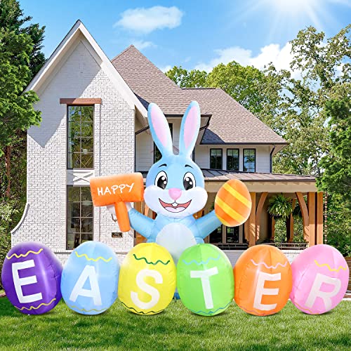 Domkom 6FT Easter Inflatable Bunny Outdoor Decorations with Eggs, Build-in LED Lights Holiday Blow Up Yard Decoration, for Easter Holiday Party, Outdoor,Garden, Yard Lawn Décor