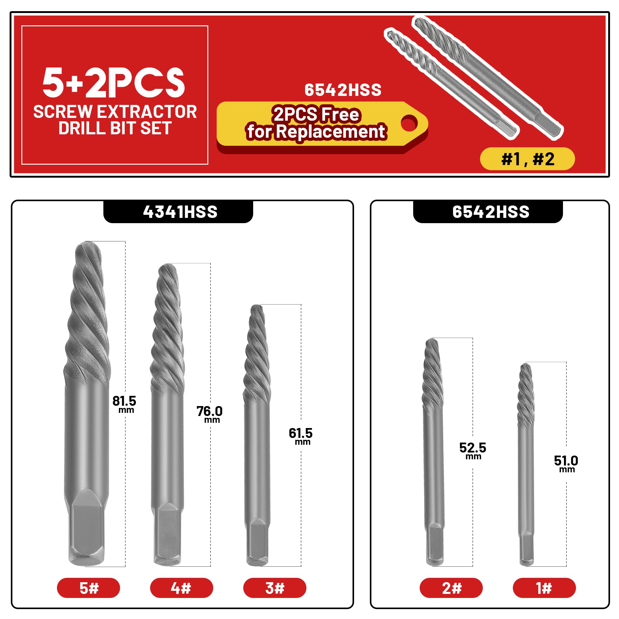 UYECOVE 7 Pieces 35# Cr-Mo Spiral Screw Extractor Set, Stripped Screw Extractor Set for Removing Stripped Screws and Broken Bolts, Easy Out Bolt Extractor Set Broken Screw Extractor Kit