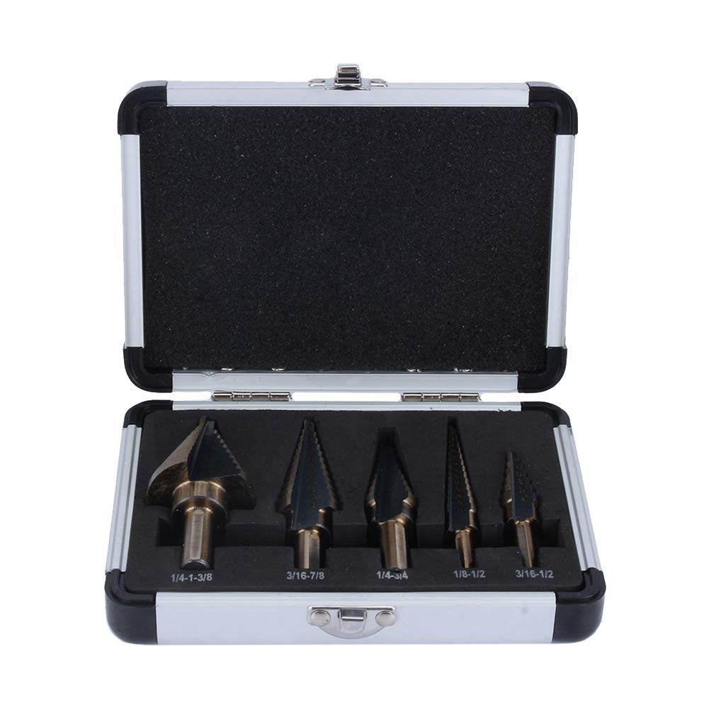 Watris Veiyi Step Drill Bit Set, 5PCS HSS Step Bits for Metal Wood, 50 Sizes (1/8" to 1-3/8") Unibit Drill Bits Set with Aluminum Case