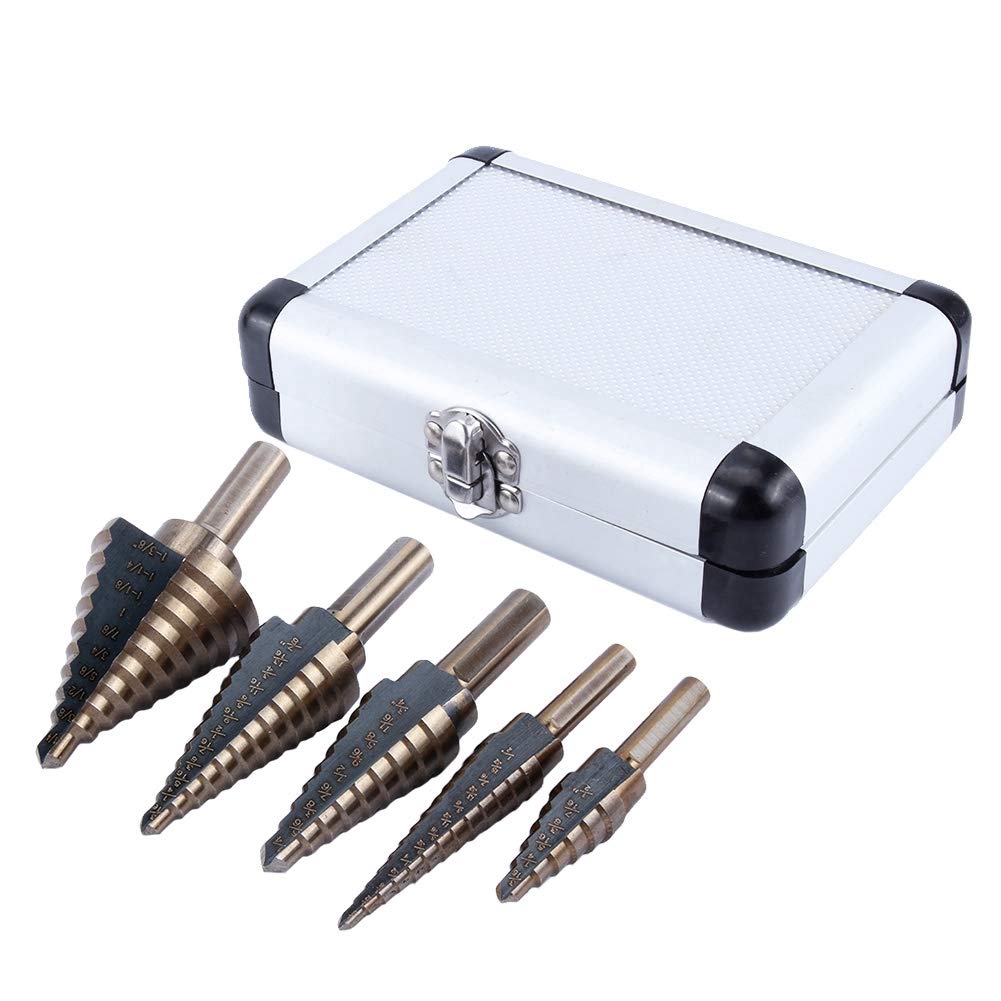 Watris Veiyi Step Drill Bit Set, 5PCS HSS Step Bits for Metal Wood, 50 Sizes (1/8" to 1-3/8") Unibit Drill Bits Set with Aluminum Case