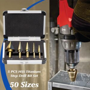 Watris Veiyi Step Drill Bit Set, 5PCS HSS Step Bits for Metal Wood, 50 Sizes (1/8" to 1-3/8") Unibit Drill Bits Set with Aluminum Case