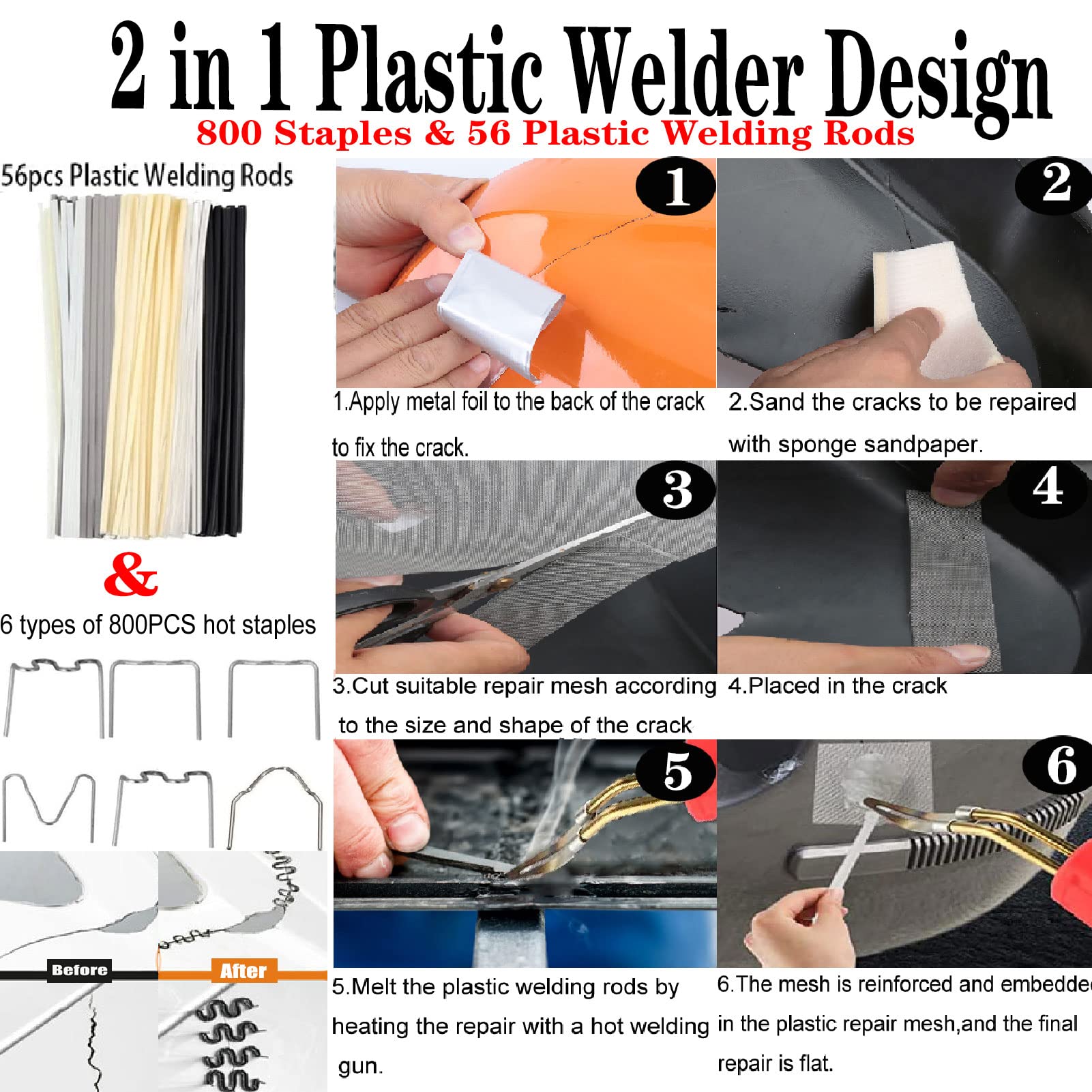 150W Plastic Welder,Plastic Welding Kit Car Bumper Repair 800pcs Hot Staples & 56pcs 7 Types of Welding Plastic Welding Rods for Car Bumper Plastic Crack Repair (Black)