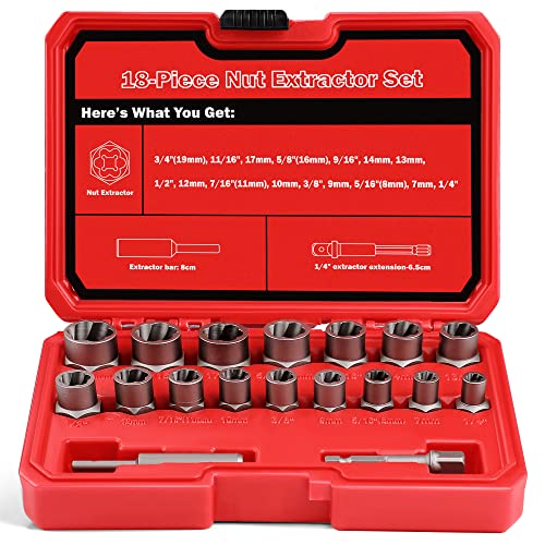 UYECOVE 18-Pcs Bolt Extractor Set, 3/8'' Drive Easy Out Bolt Extractor Set, Stripped Bolt Remover Broken Bolt Extractor Kit for Damaged, Frozen, Rusted Lug Nuts, Screws with Solid Storage Case