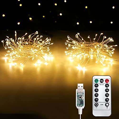 100 LED Cluster Fairy Light,Silver Wire Firecrackers String Copper Garland,USB Interface,Waterproof,Christmas Holiday Decoration,Indoor/Outdoor Bedroom,Garden,Yard,Patio (8.2ft,2 Pack,Warm White)