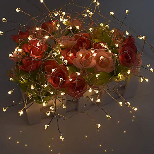 100 LED Cluster Fairy Light,Silver Wire Firecrackers String Copper Garland,USB Interface,Waterproof,Christmas Holiday Decoration,Indoor/Outdoor Bedroom,Garden,Yard,Patio (8.2ft,2 Pack,Warm White)