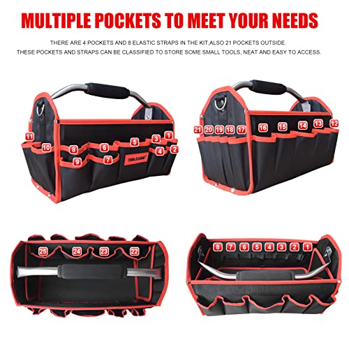 TOOLEAGUE 19 Inches Heavy Duty Tool Bag 25 Pockets, 1680D Fabric Tool Bags with Strong Molded Base, Multi-pocket Tool Organizer with Adjustable Shoulder Strap