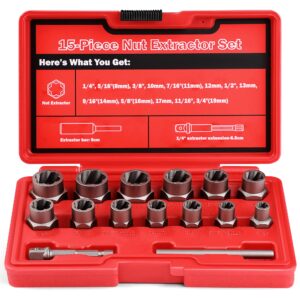 uyecove 15-pcs bolt extractor set, 3/8'' drive easy out bolt extractor set, stripped bolt remover nut extractor set for damaged, frozen, rusted sockets, rounded-off bolts, nuts & screws