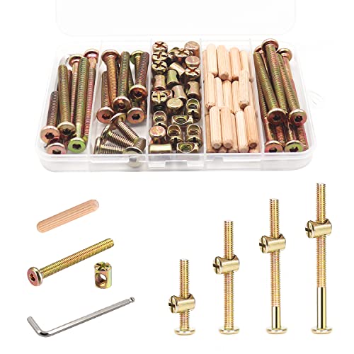 Crib Screws Hardware Replacement Kit - 16 Set Baby Bed Frame Bolts,Barrel Nuts&Wooden Dowel Pins Set - M6x16/40/60/80 mm Hex Drive Socket Cap Screws Nuts for Beds Headboards Chairs Furniture