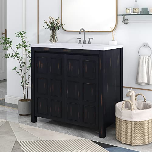 LUMISOL 36" Bathroom Vanity with Sink, Single Bathroom Storage Cabinet with Soft Closing Doors & Adjustable Shelf, Modern Bathroom Vanity with Undermount Basin, Solid Wood Frame, Espresso