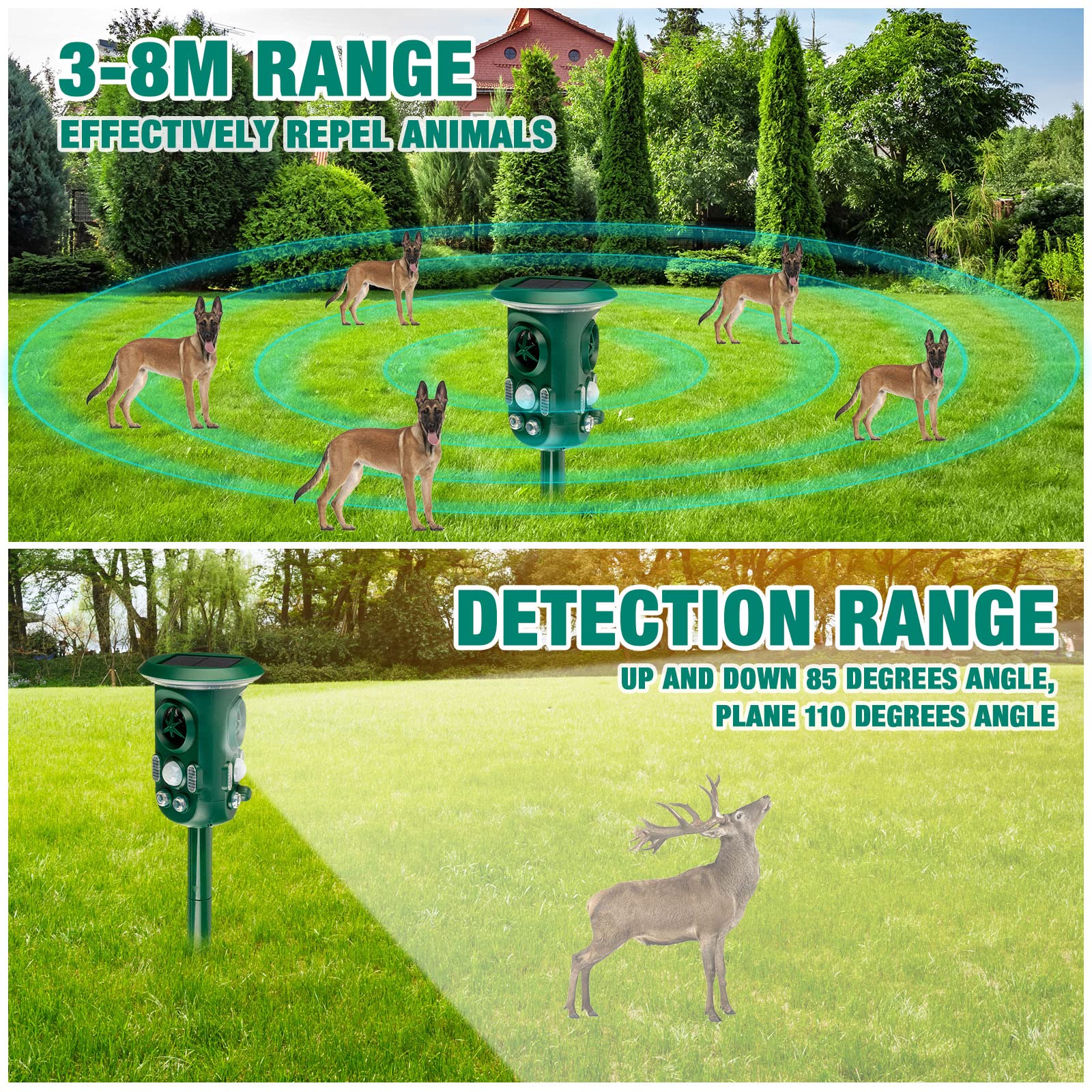 2 Pcs Ultrasonic Solar Animal Repeller Ultrasonic Skunk Repellent Outdoor 360 Degree Waterproof Squirrel Raccoon Mole Rat Snack Cat Deterrent Outdoor with Motion Sensor Flashing Light USB Powered