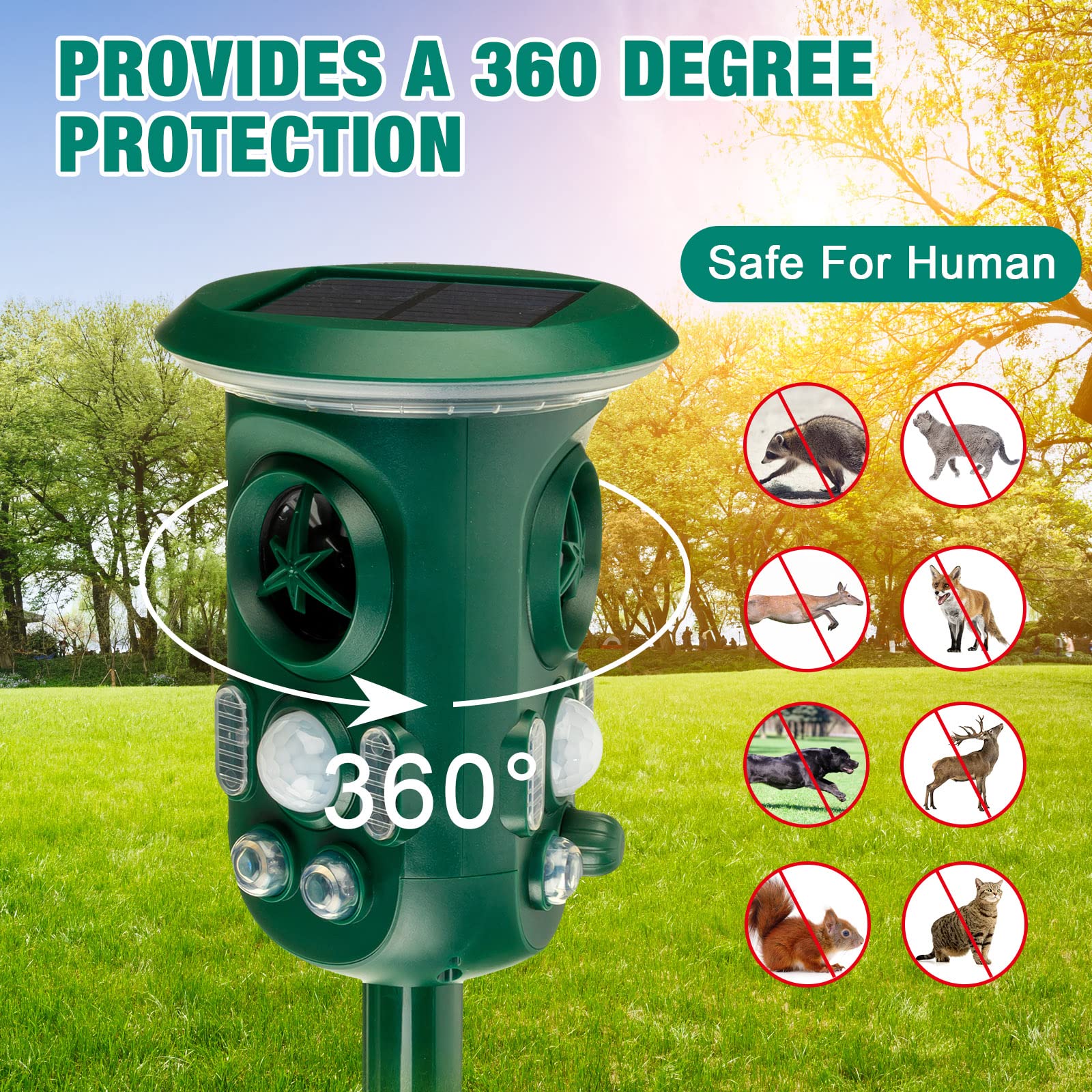 2 Pcs Ultrasonic Solar Animal Repeller Ultrasonic Skunk Repellent Outdoor 360 Degree Waterproof Squirrel Raccoon Mole Rat Snack Cat Deterrent Outdoor with Motion Sensor Flashing Light USB Powered