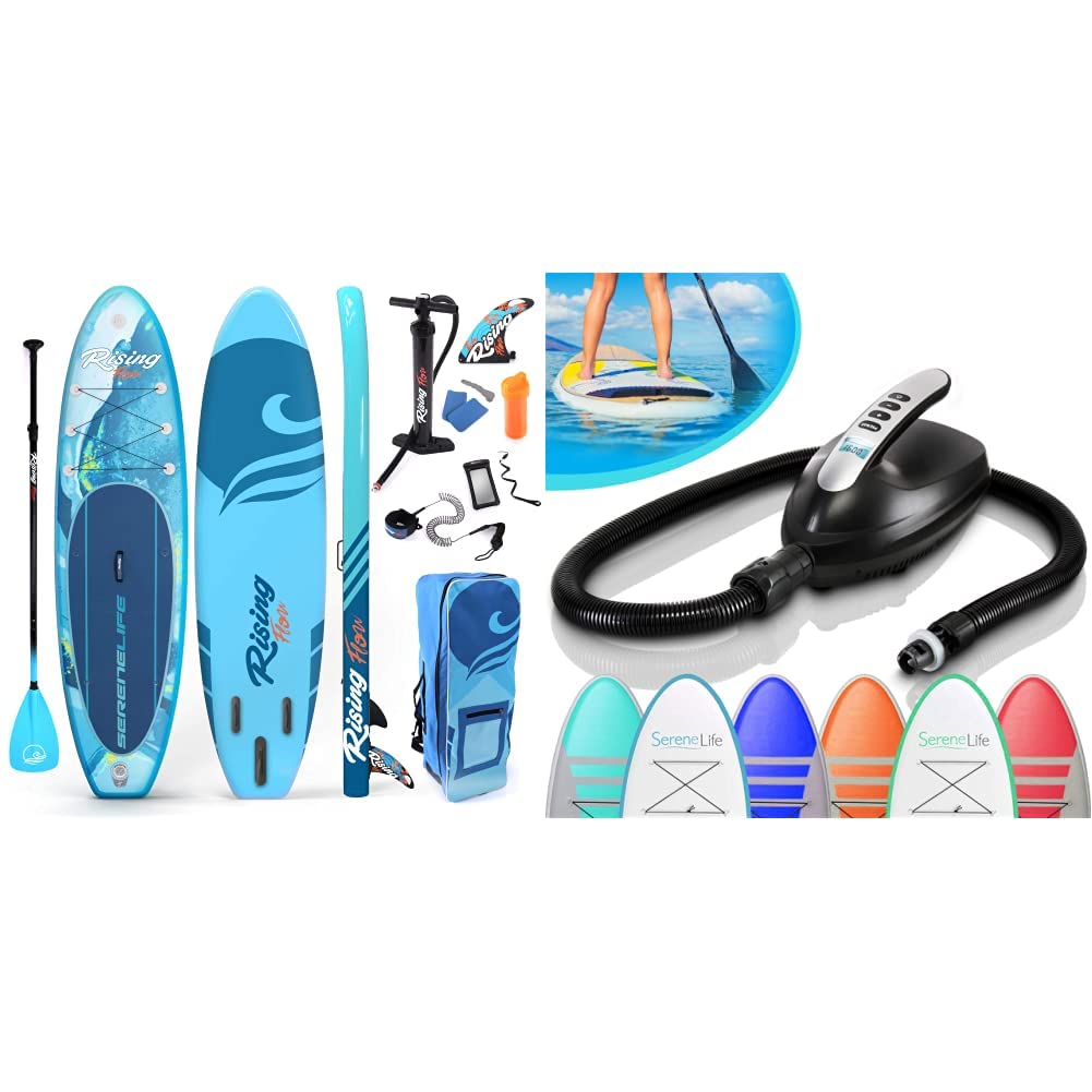 SereneLife Inflatable Stand Up Paddle Board (6 Inches Thick) with Premium SUP Accessories & Carry Bag + Serene Life Digital Electric Air Pump Compressor - 110W 12 Volt Quick Air Inflator