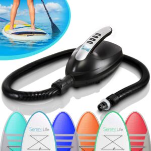 SereneLife Inflatable Stand Up Paddle Board (6 Inches Thick) with Premium SUP Accessories & Carry Bag + Serene Life Digital Electric Air Pump Compressor - 110W 12 Volt Quick Air Inflator