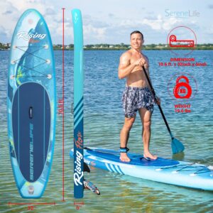 SereneLife Inflatable Stand Up Paddle Board (6 Inches Thick) with Premium SUP Accessories & Carry Bag + Serene Life Digital Electric Air Pump Compressor - 110W 12 Volt Quick Air Inflator