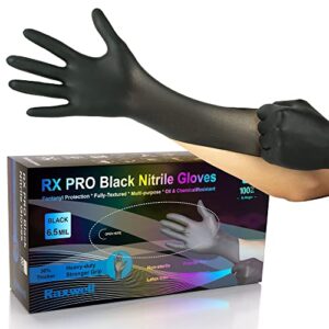 heavy duty disposable gloves latex free | 6.5 mil black nitrile gloves medium | 100 count powder free chemical resistant gloves | food grade, food safe, | janitorial, kitchen, & mechanic gloves