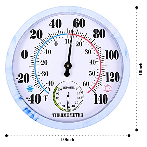 Indoor Outdoor Thermometer Hygrometer - 10'' Indoor Outdoor Thermometer Wireless, Wall Thermometer Hygrometer Analog, Battery Free Outdoor Thermometer Large Numbers, Decorative Room Thermometer Indoor