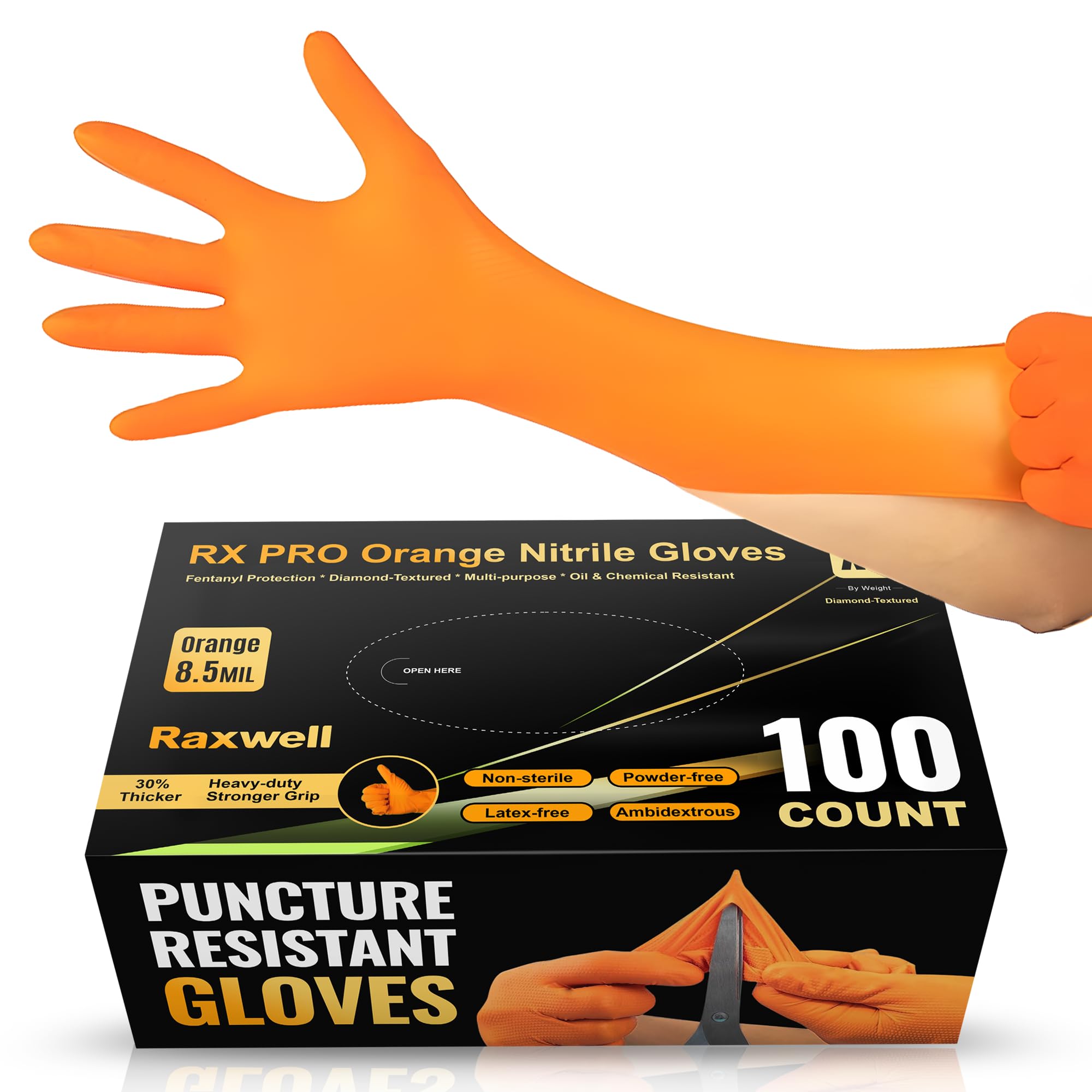 Raxwell Orange Nitrile Gloves - 8.5 Mil Heavy Duty, Diamond Texture For Grip, Puncture Resistant, Latex-Free For Mechanics