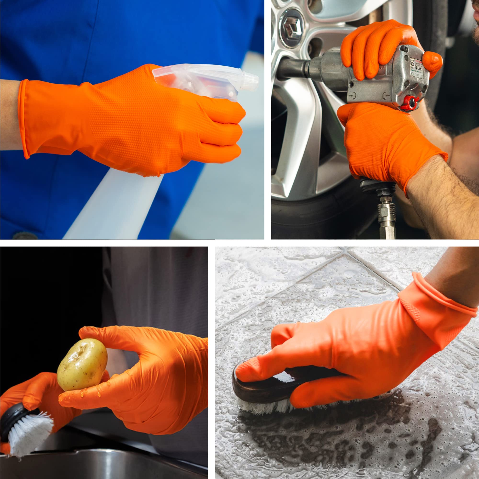 Raxwell Orange Nitrile Gloves - 8.5 Mil Heavy Duty, Diamond Texture For Grip, Puncture Resistant, Latex-Free For Mechanics