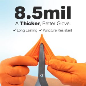 Raxwell Orange Nitrile Gloves - 8.5 Mil Heavy Duty, Diamond Texture For Grip, Puncture Resistant, Latex-Free For Mechanics