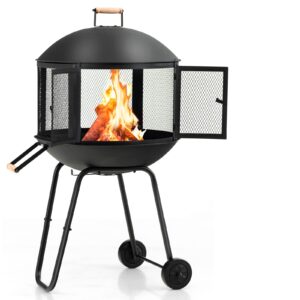 oralner portable fire pit on wheels, 27” outdoor wood burning firepit cage w/spark screen cover, log grate, fire poker, steel patio firepit w/bbq grill for outside camping, picnic, backyard bonfire