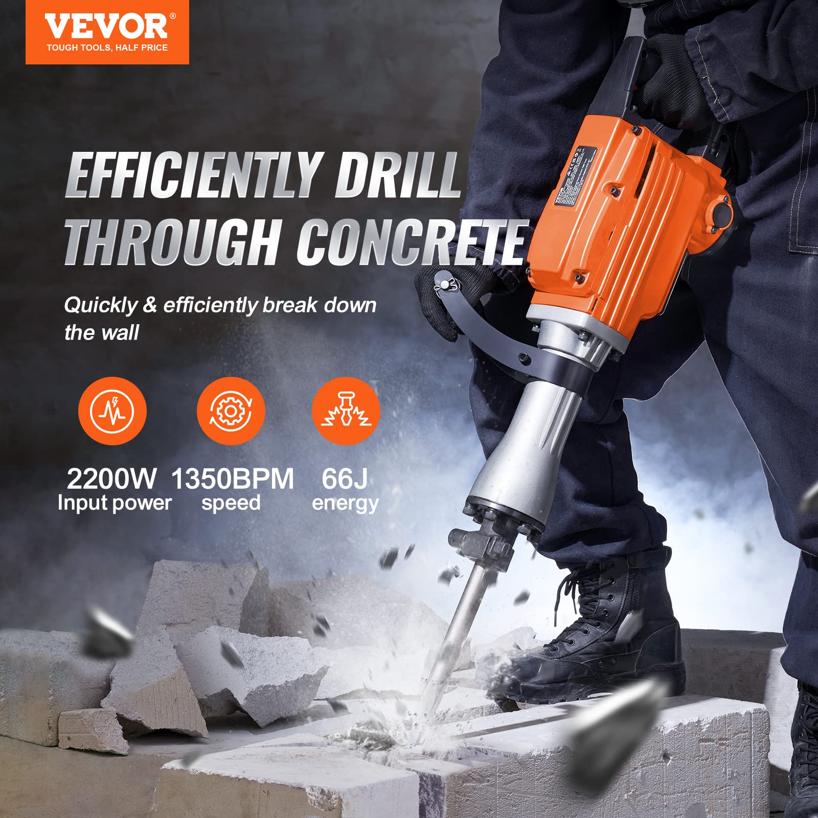 VEVOR Demolition Jack Hammer, MAX 2200W Electric Jackhammer Heavy Duty, 1350 BPM Concrete Breaker 4pcs Chisels Bit Chipping W/Case, Gloves