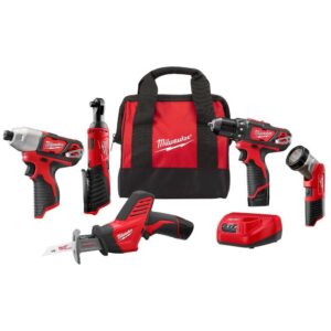 milwaukee m12 12v cordless 5-tools combo kit: 2407-20 3/8 in. drill/driver + 2462-20 1/4 in. hex impact driver + 2420-20 hackzall recip saw + 2457-20 3/8 in. ratchet + 49-24-0146 led worklight