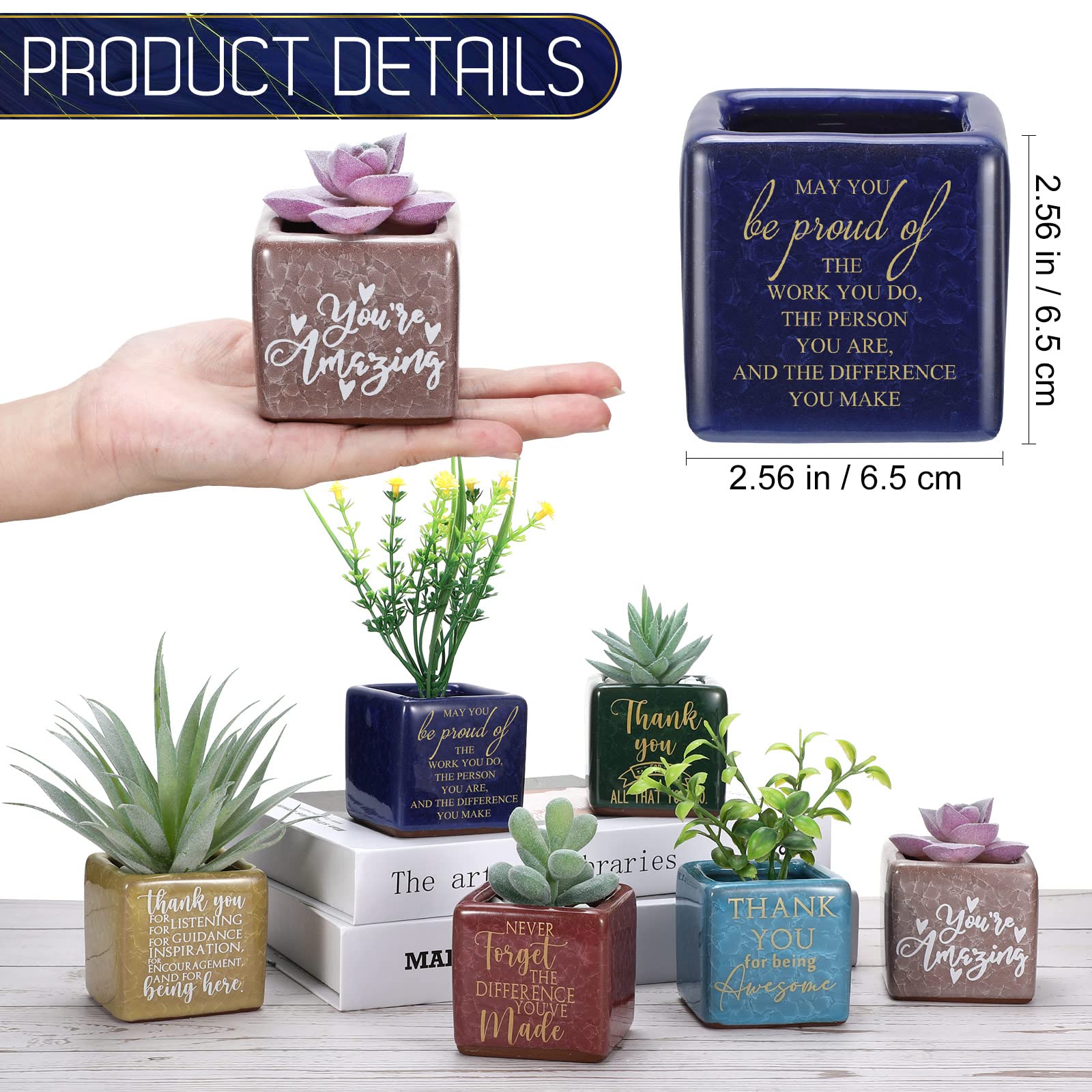 Sieral 6 Pcs Teacher Plant Gifts Thank You for Helping Me Grow Gifts Succulent Pots Appreciation Gifts for Employee Volunteer Ceramic Plant Pots with Drainage Holes, Plants Not Included(2.56 Inch)