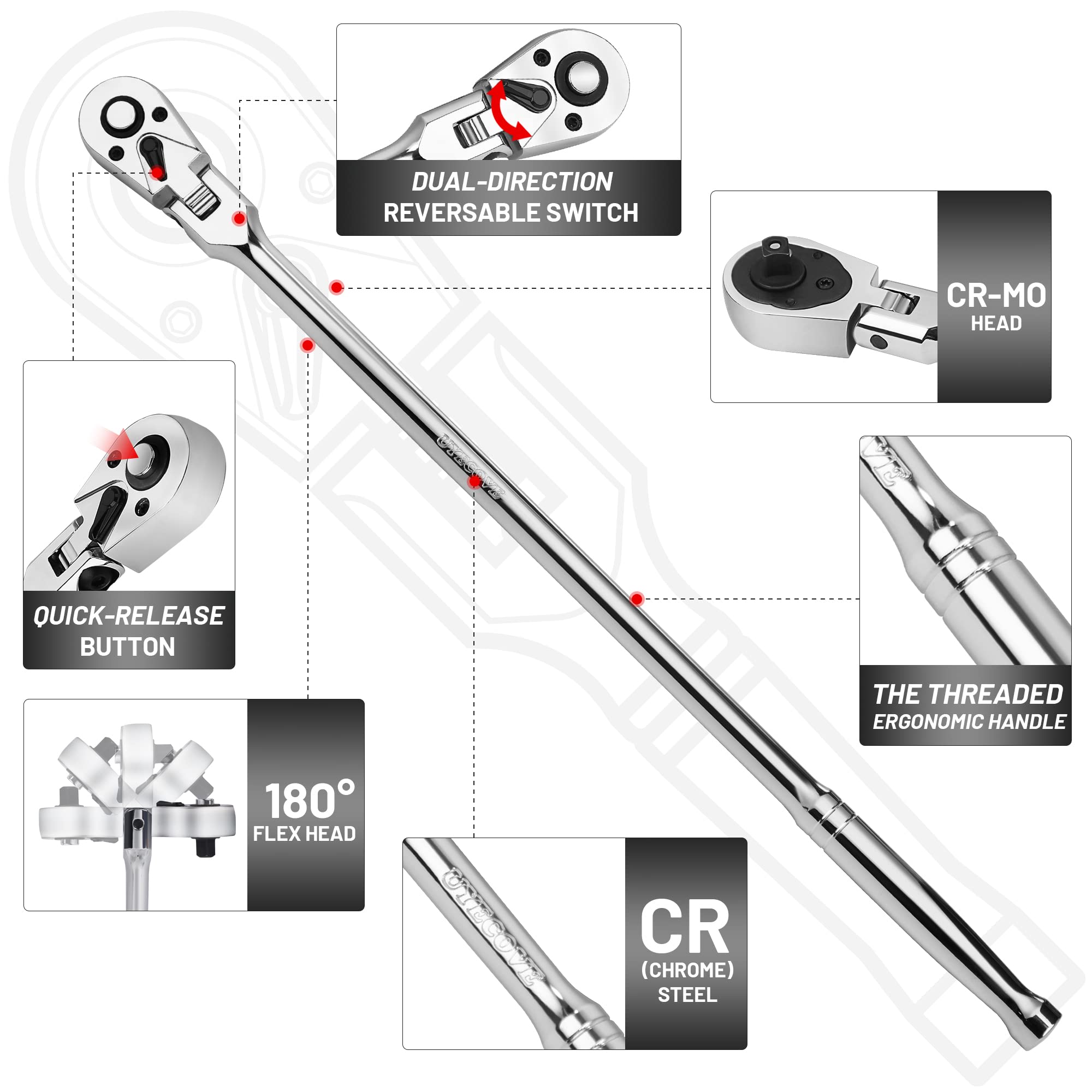 UYECOVE 3/8-Inch Drive Ratchet, Flex Head Ratchet 3/8 Ratchet Long Handle, 72 Tooth Quick Release Cr-Mo Head Socket Wrench-18/457mm