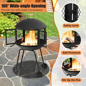 Tangkula Portable Fire Pit with Wheels, 28 Inch Wood Burning Fire Pit with Log Grate, Poker, Rolling Patio Fireplace Wooden Bonfire Firepit for Outdoor Entertaining Black