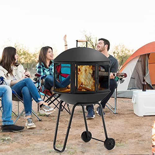 Tangkula Portable Fire Pit with Wheels, 28 Inch Wood Burning Fire Pit with Log Grate, Poker, Rolling Patio Fireplace Wooden Bonfire Firepit for Outdoor Entertaining Black