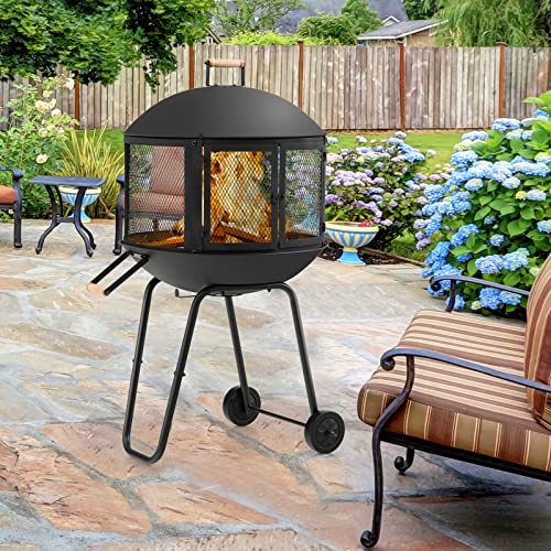 Tangkula Portable Fire Pit with Wheels, 28 Inch Wood Burning Fire Pit with Log Grate, Poker, Rolling Patio Fireplace Wooden Bonfire Firepit for Outdoor Entertaining Black