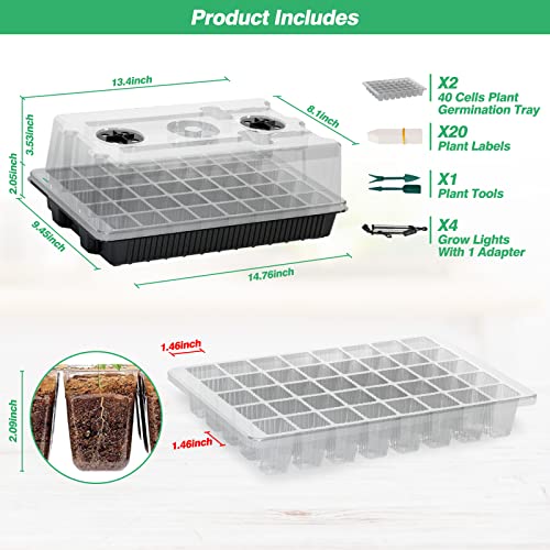 YOHIA Seed Starter Tray with Grow Light,2 Packs 80 Cells Seed Starter Kit,Seeding Starter Trays with Humidity Dome Germination Kit for Seedling Starting,Seed Growing,Cloning & Plant Propagation