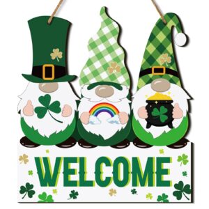 st patrick's day gnome door sign wooden welcome st patrick's day decorations irish hanging clover gnome door hanger farmhouse shamrock wall sign for porch outdoor front door party, 14.2 x 12.6 inches