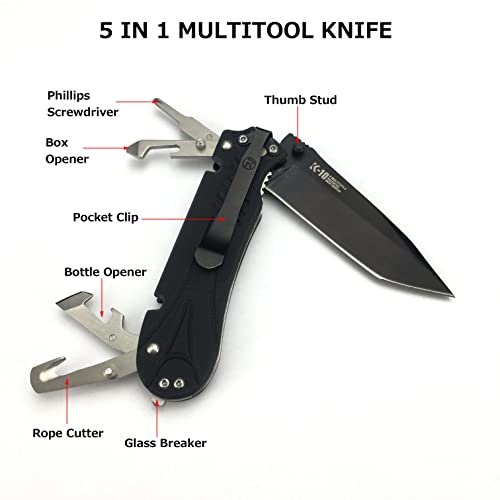 7.8“ Multitool Pocket Knife, Tanto Folding Knife Camping Fishing Tool for Men, 5 in 1 Multitool Knife with Bottle Opener Screwdriver Rope Cutter Box Opener Glass Breaker