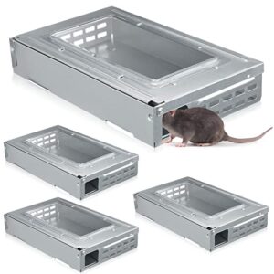 4 pack multi catch mouse trap clear top humanized mouse trap rodent mouse trap for indoor outdoor rat control pet and kids security (silver)