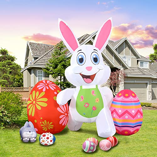 Easter Inflatable Bunny Outdoor Decorations 6FT Blow Up Rabbit with Eggs Decor Build-in LEDs for Yard Garden Lawn Indoors Outdoors Home Holiday Parties