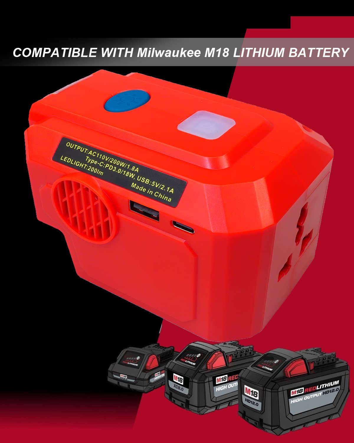 200W Power Inverter Generator Fit for Milwaukee M18 18V Battery, DC 18V to AC 110V-120V Portable Power Station with USB Type C Fast Charging and LED Light USB Charger Adapter