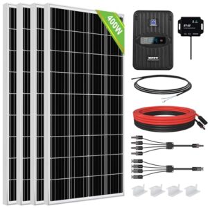 eco-worthy 400 watt 12 volt premium solar panel kit :4pcs 100w solar panel+ 40a mppt charge controller+ bluetooth module+ mounting z brackets, 400w 12v solar power off grid system for home, rv, boat.