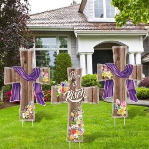 marsui 3 pcs easter decorations easter signs for yard he is risen sign religious easter yard sign easter outdoor decorations waterproof easter cross lawn stakes for home garden easter party (classic)