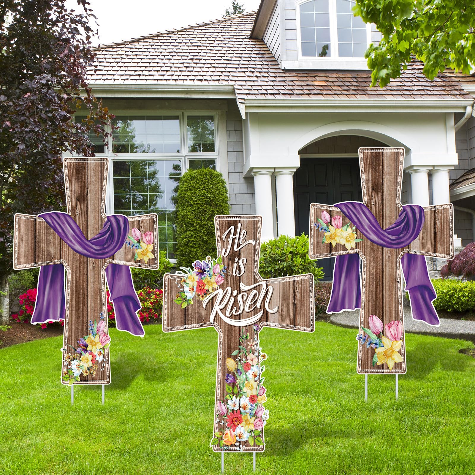 Marsui 3 Pcs Easter Decorations Easter Signs for Yard He Is Risen Sign Religious Easter Yard Sign Easter Outdoor Decorations Waterproof Easter Cross Lawn Stakes for Home Garden Easter Party (Classic)