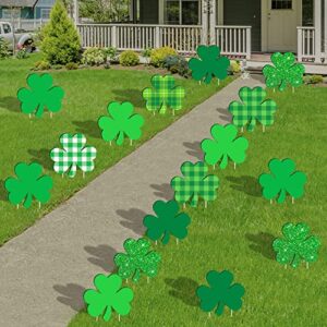 adxco 16 pieces st. patrick's day yard signs waterproof shamrock yard signs with stakes 2 styles green plaid glitter outdoor lawn walkway decorations for st. patrick's day party, home, garden