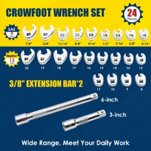 YIYEIE 3/8" Drive Crows Foot Wrench Set, 24PCS Flare Nut Crowfoot Wrench Set, Metric & SAE, 8-22mm & 5/16"-7/8", CR-V Steel, Crows Feet Wrench Set with 2 Extension Bars, Line Wrench Set with EVA Foam